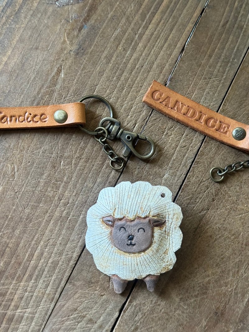 Cute smiling sheep bleating twelve zodiac signs pure cowhide keychain - name can be engraved - ที่ห้อยกุญแจ - หนังแท้ สีส้ม