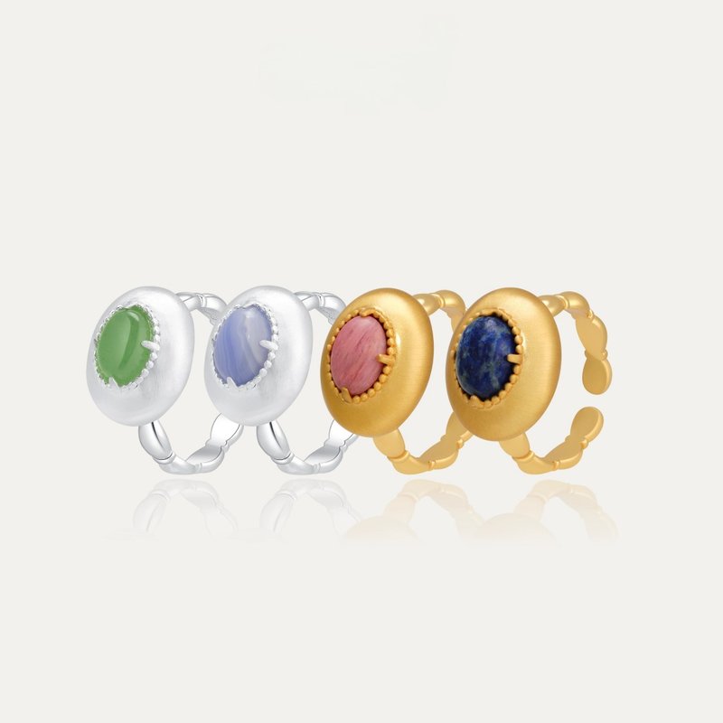 [French Retro] Matte Natural Stone Ring - Lapis Lazuli / Chalcedony / Rose Quartz - Oval Cabochon, Adjustable Open Design - แหวนทั่วไป - เครื่องเพชรพลอย 