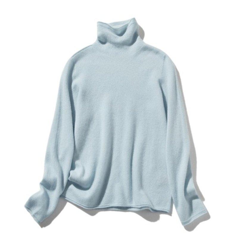 The ultimate comfort born from soft fibers. 100% cashmere high neck knit, light blue, 231109-6 - Women's Tops - Other Materials 