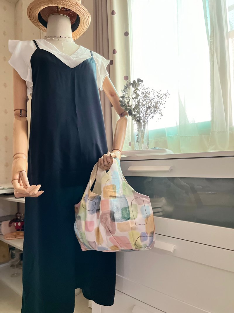 原創手作春天的感覺/粉彩幾何圖形打褶手拿包/手挽包 - 手提包/手提袋 - 棉．麻 粉紅色
