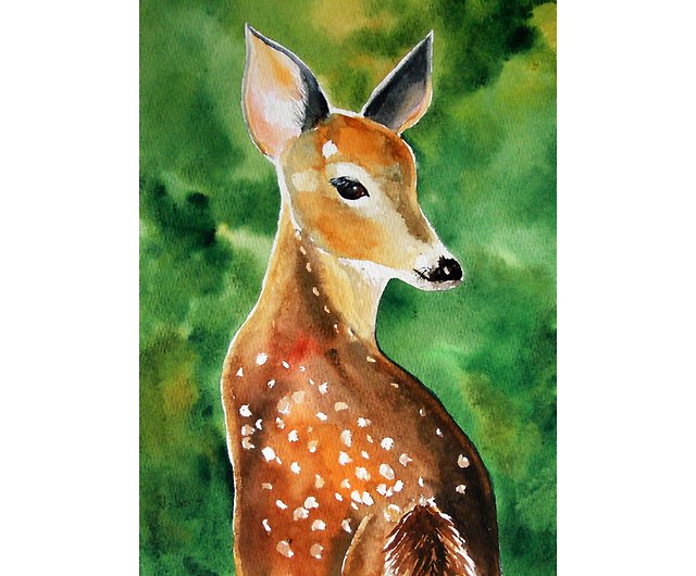 子鹿の絵オリジナル水彩鹿の壁アートオリジナル絵スタッグアート 