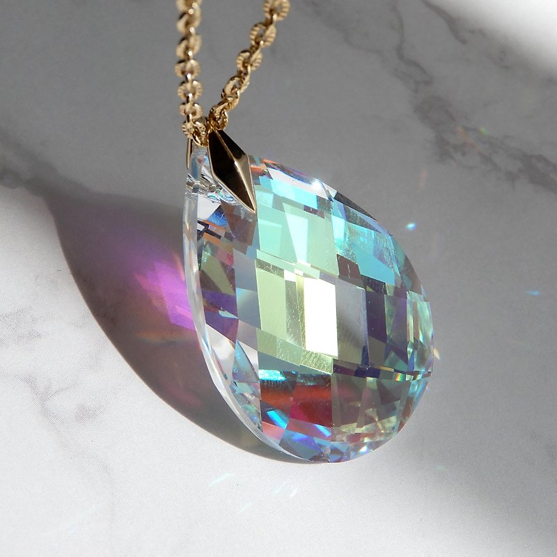 Gorgeous sparkle and super large crystal drop pendant necklace aurora - สร้อยคอ - แก้ว ขาว