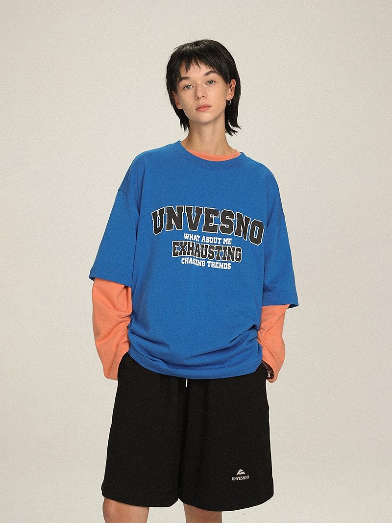 UNVENSOは古いテキストの印刷された文字を破壊します半袖TシャツルーズサマーナショナルタイドサマードレスSWS-1543 - Tシャツ メンズ - コットン・麻 ブルー