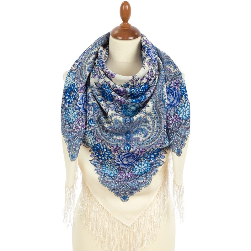 Pavlovo Posad Russian Shawl 100% Wool Scarf 125x125 cm Wrap Silk Fringe 2036-1 - 絲巾 - 羊毛 白色