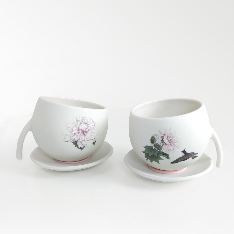 rondo 創意陶瓷品茶對杯 粉芙蓉花茶杯(兩入) - 茶壺/茶杯/茶具 - 陶 白色