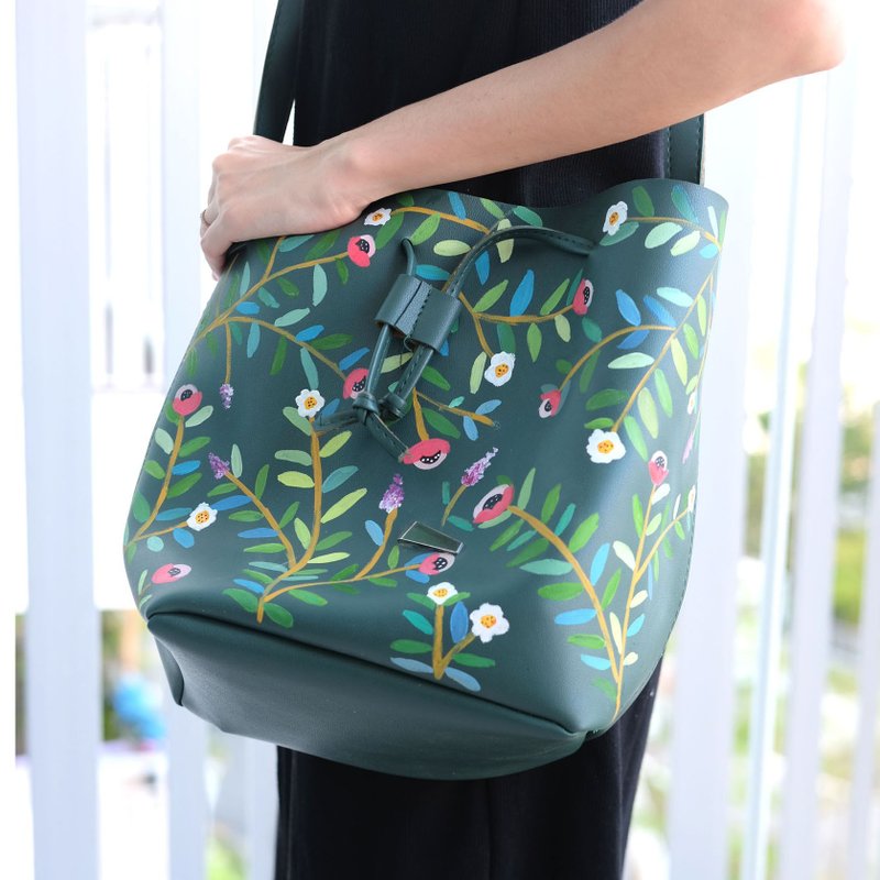 Floral Bucket Bag - 側背包/斜背包 - 真皮 綠色