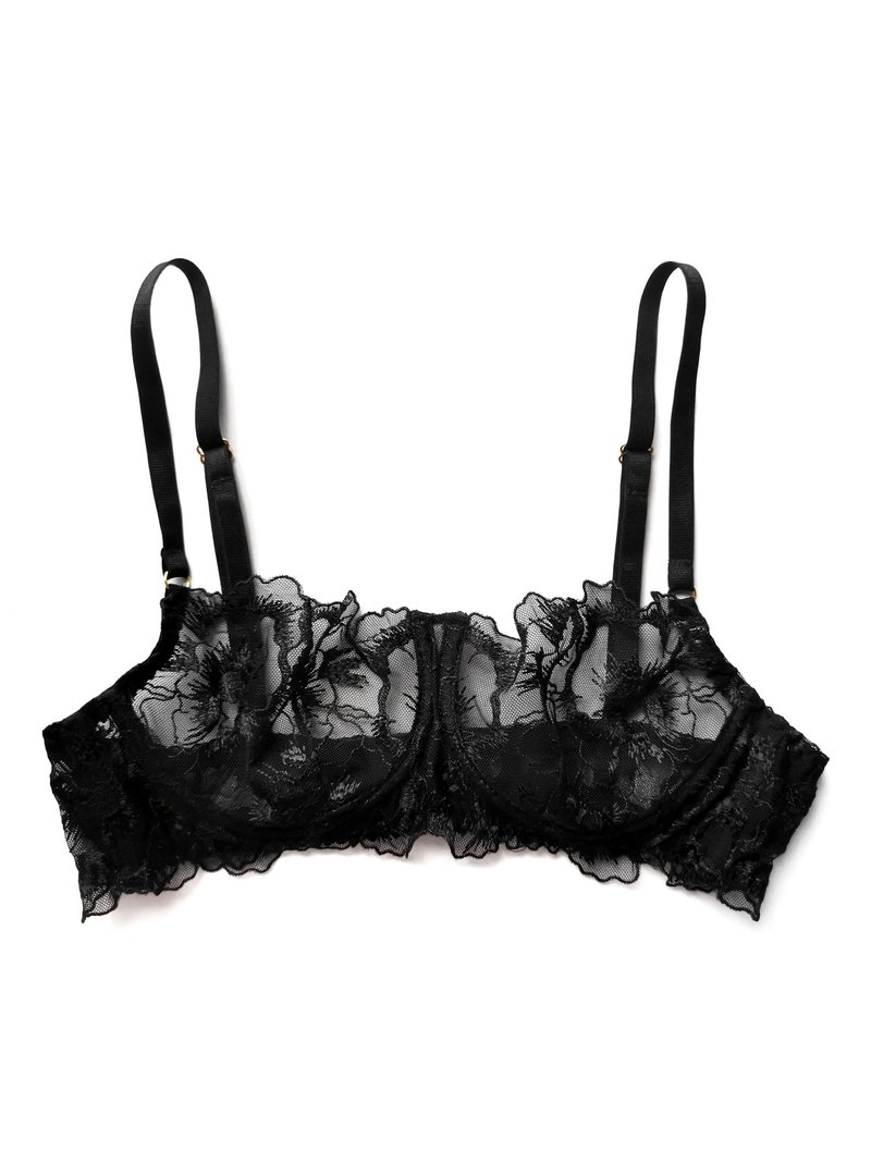 Floral lace bra - Sexy lingerie - Lace underwear - Wired balconette bra - ชุดชั้นในผู้หญิง - เส้นใยสังเคราะห์ สีดำ