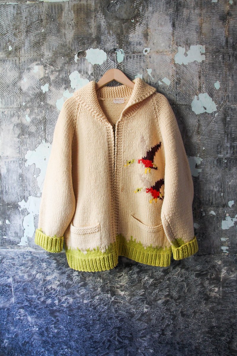 Curly Department Store-Vintage Bird Totem Knitted Canada Caujin Sweater Jacket Retro - เสื้อแจ็คเก็ต - ขนแกะ 