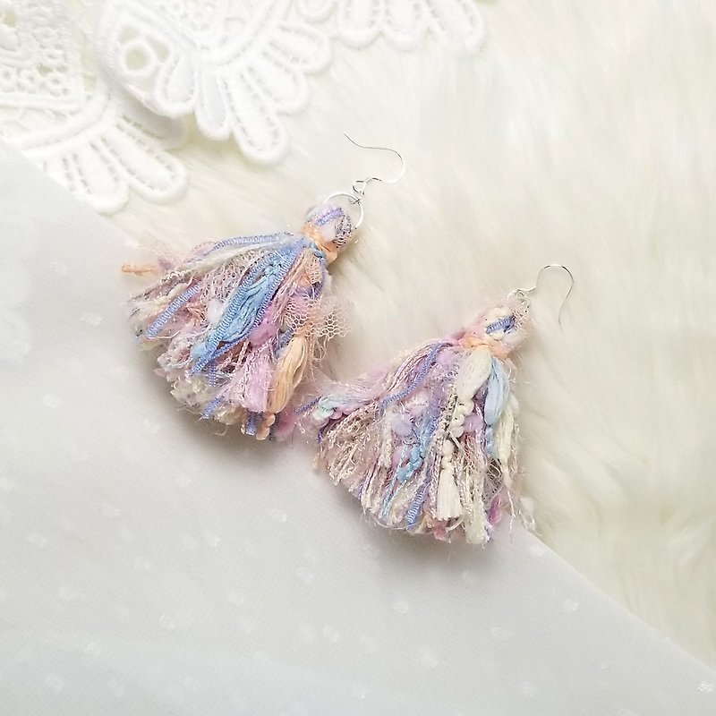 Mixed knit fringes earring (Pink/Baby Blue/Lilic/Cream/Mesh) - Earrings & Clip-ons - Sterling Silver Pink