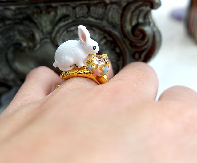 雪白色兔子戒指鍍9K真黃金不掉色不氧化輕珠寶開口可調整尺寸- 設計館 