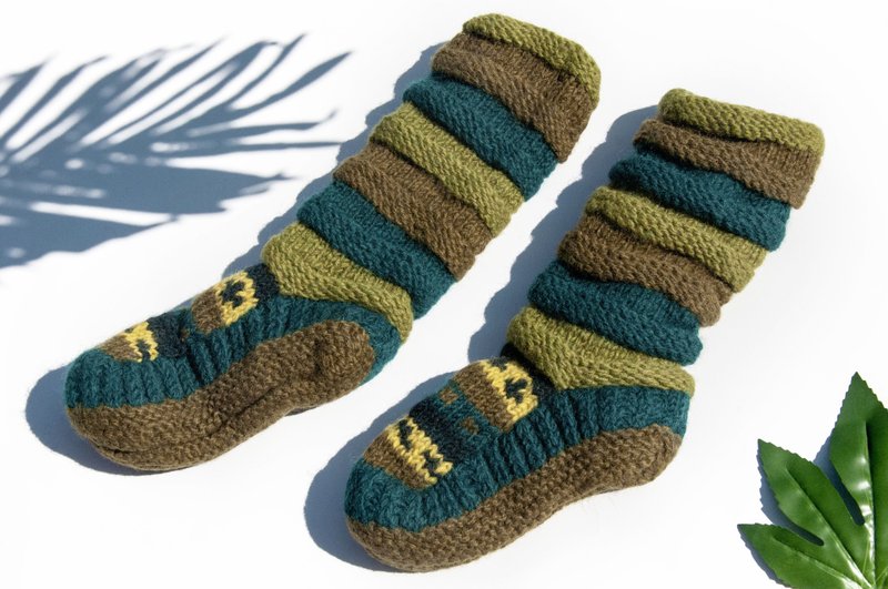 手織羊毛針織襪/條紋襪/羊毛鉤織長襪/保暖毛襪-北歐風綠色草原風 - 襪子 - 羊毛 綠色