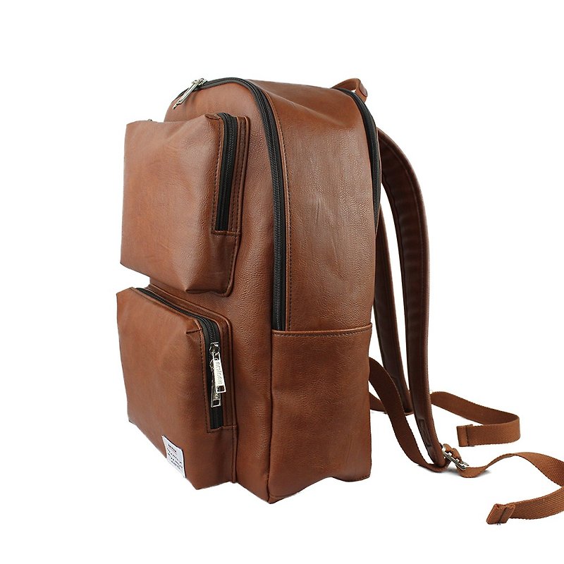 AMINAH-棕色多口袋後背包【am-0302】 - 後背包/書包 - 人造皮革 咖啡色