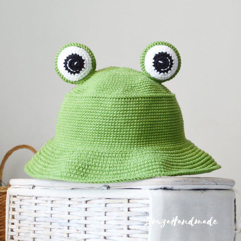 かぎ針編みのかわいいカエルバケットハット女性男性カスタムニット面白い緑の漁師の帽子 - 帽子 - コットン・麻 グリーン