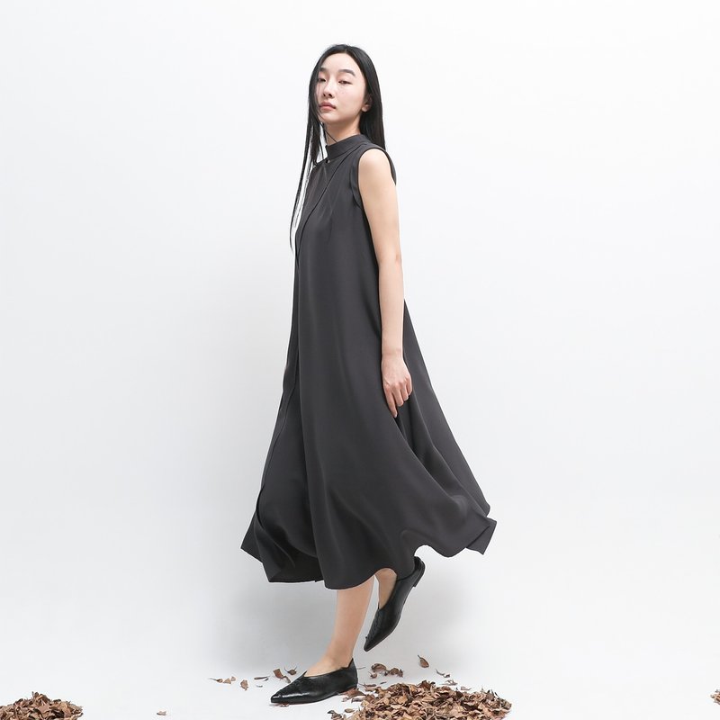 [Classic Original] Fenfang_Fragrance cut stand collar dress_CLD029_Iron Gray - One Piece Dresses - Polyester Gray