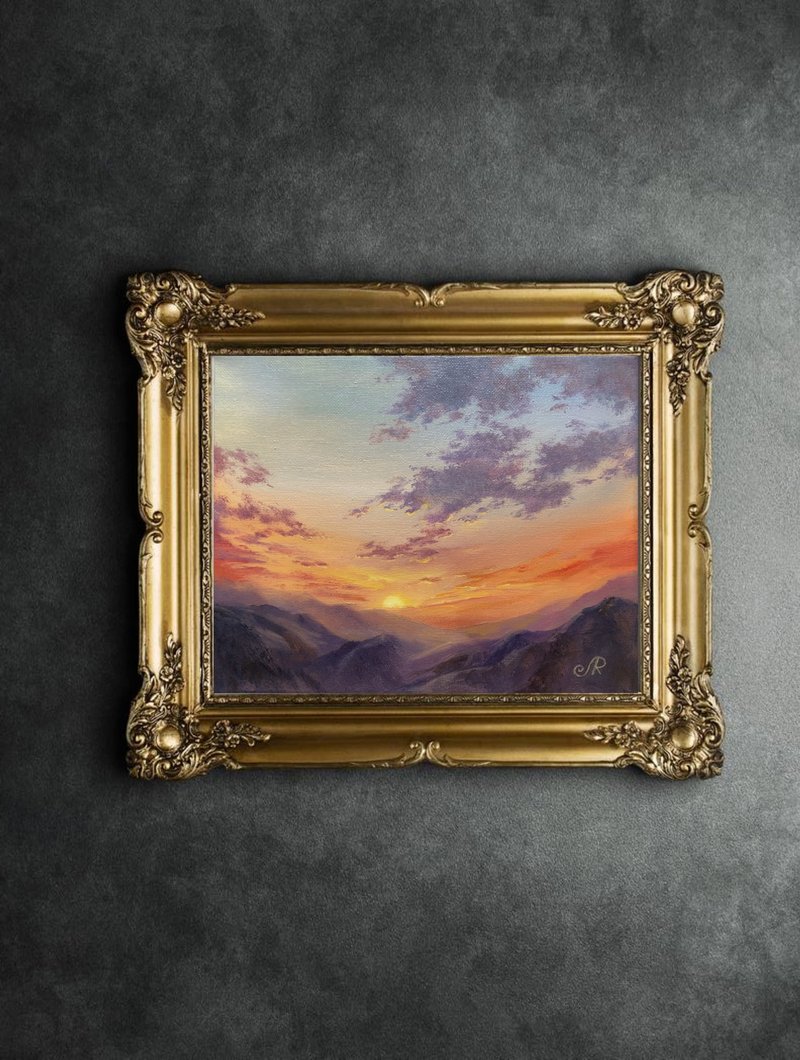 Original Oil Painting Sunset Art Sunrise Painting Landscape - Wall Décor - Other Materials Orange