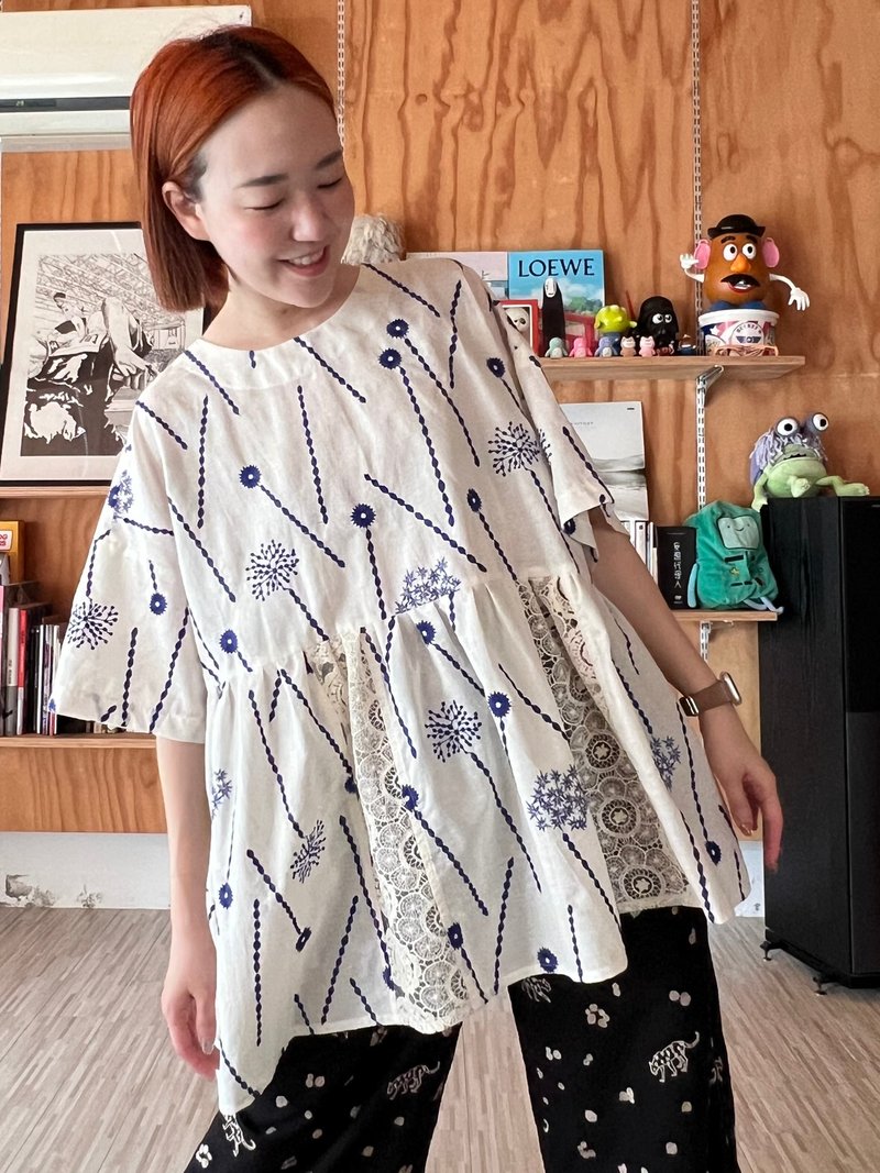 白底刺繡拼接蕾絲上衣 - 女上衣/長袖上衣 - 棉．麻 白色