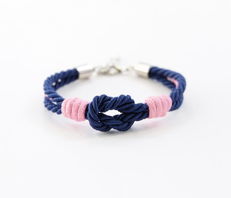 Navy blue knot rope bracelet with pink waxed cotton cord - สร้อยข้อมือ - เส้นใยสังเคราะห์ สีน้ำเงิน