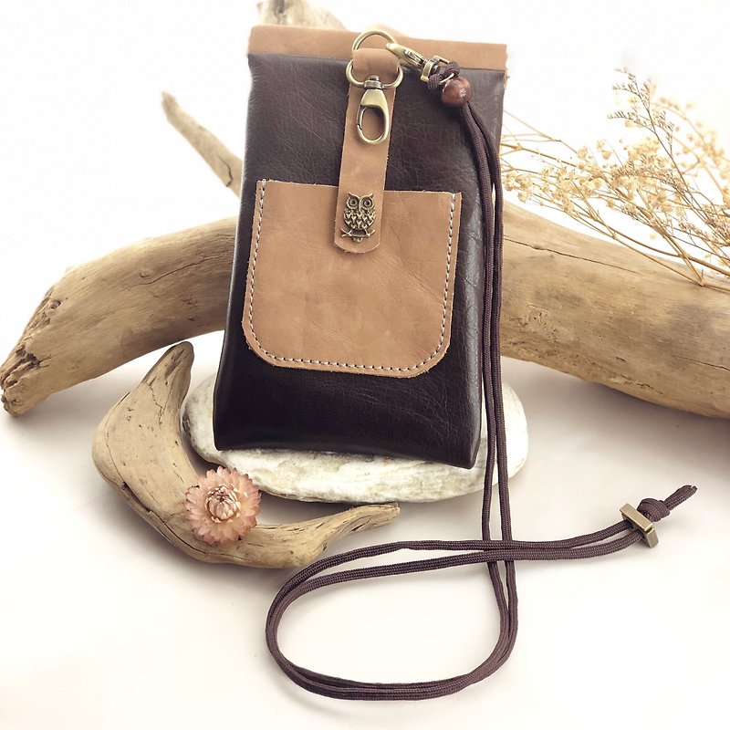 Splicing Shrapnel Multifunctional Mobile Phone Bag --- Mobile Phone Case / Headphone / Card / Easy Card / Glasses Bag / Storage / Passport / Slant Back Phone Bag / Hanging Neck Phone Bag - Phone Cases - Genuine Leather Brown