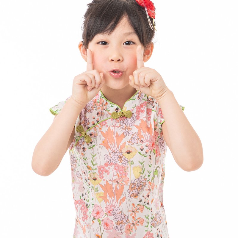 Children's cheongsam, ancient style, four seasons, blooming flowers - Qipao - Cotton & Hemp 