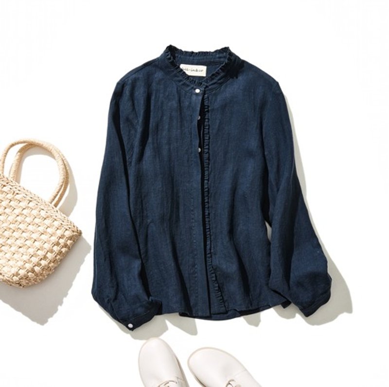 Perfect for all year round 100% Linen ruffle long sleeve shirt blouse Indigo 230401-1 - เสื้อผู้หญิง - วัสดุอื่นๆ 