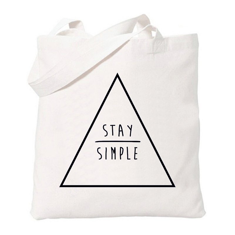 STAY SIMPLE-Triangle keep it simple triangle geometric text green simple and fresh canvas art environmental protection shoulder bag shopping bag-beige - กระเป๋าแมสเซนเจอร์ - วัสดุอื่นๆ ขาว