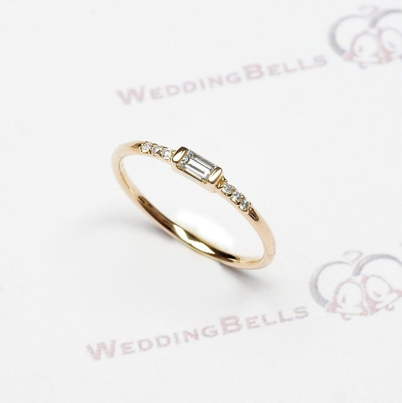18K玫瑰金  - 黃金 - 白金 長方鑽石配圓鑽石戒指 - 免運費 - 戒指 - 鑽石 紅色