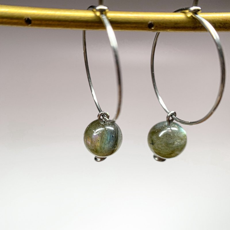 2 colors in | hand-made simple old ore labradorite round bead earrings earrings blue light - ต่างหู - สแตนเลส สีเงิน