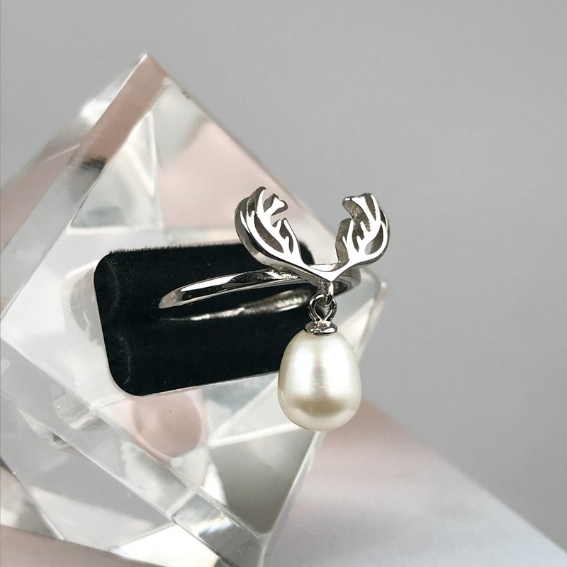 Christmas Reindeer 925 Silver Ring Genuine Freshwater Pearl Size 7 Adjustable - แหวนทั่วไป - ไข่มุก สีเงิน