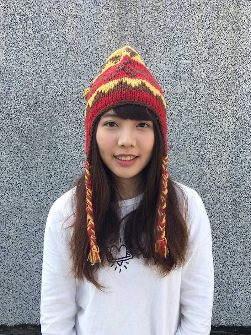 Nepal 100% wool hand-knit wool cap thick - Red x x coffee yellow color [HAPPY SHEEP Pleasant] - หมวก - ขนแกะ สีแดง