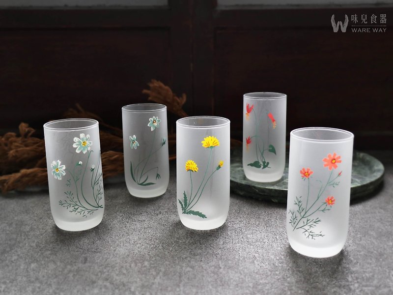 Early water cup set-Huahua Botanical Garden (old objects/old pieces/glass/sandblasting/picture flower/printing)