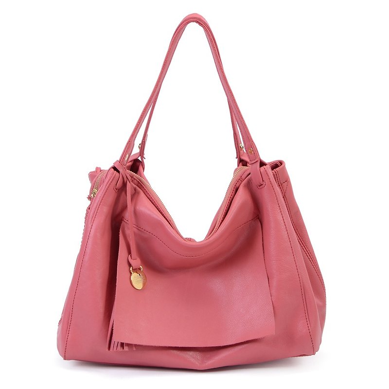 French girl's handsome bag _ fermented cherry powder _ genuine leather shoulder bag dual-use bag - Messenger Bags & Sling Bags - Genuine Leather Pink