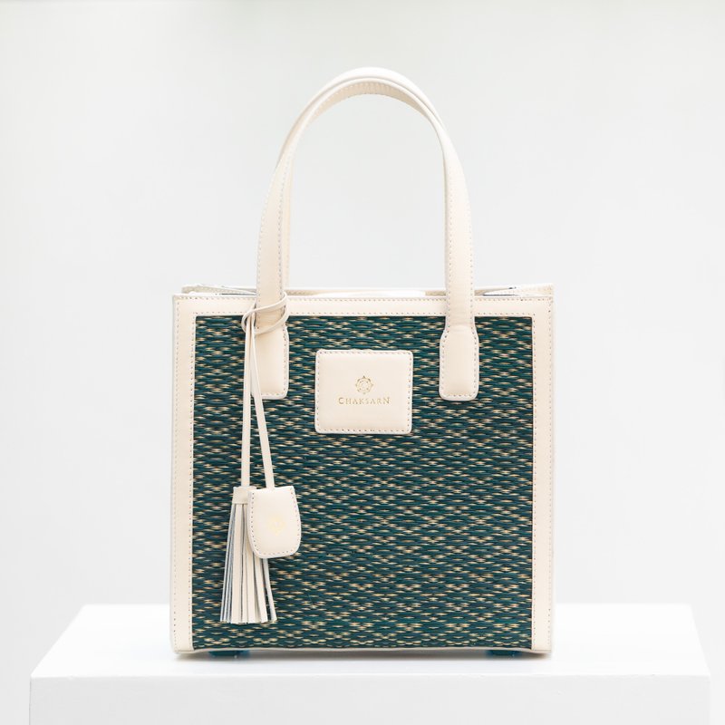 Chaksarn Small Tote - Cream Leather and Green Mat - Handbags & Totes - Genuine Leather White