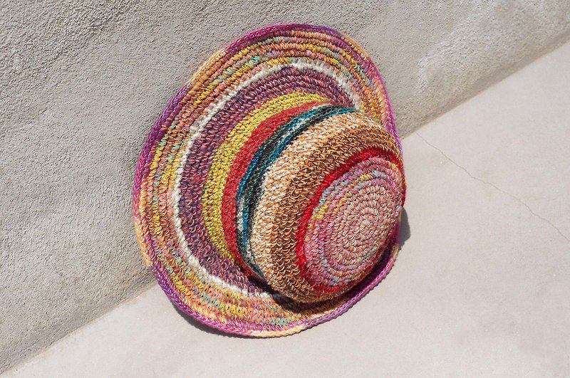A limited edition of hand-woven cotton cap / knit cap / hat / visor / hat - Magic colorful strawberry ice cream stripes - Hats & Caps - Cotton & Hemp Multicolor