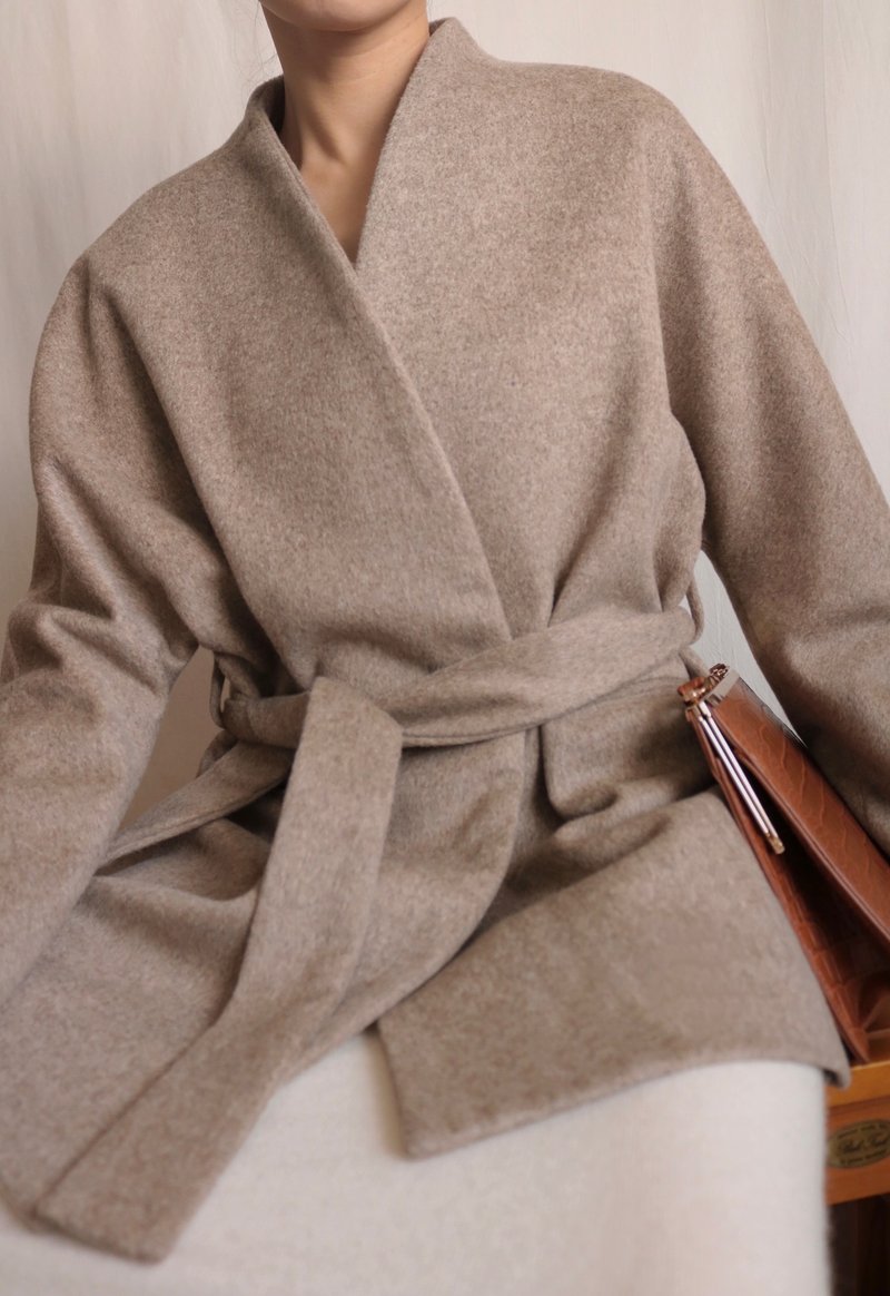 Modern kimono double layer lambswool thick strappy peacoat - rye - เสื้อสูท/เสื้อคลุมยาว - ขนแกะ 