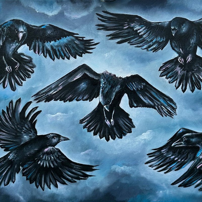 Raven original painting on canvas Bird art Raven wall art Crow decor Forest art - 壁貼/牆壁裝飾 - 棉．麻 黑色
