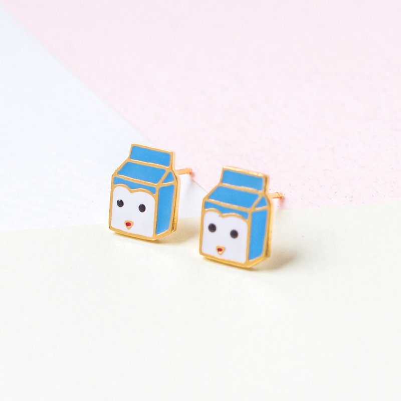 Penguin Milk Box Animal Milk | Handmade Earrings - ต่างหู - วัตถุเคลือบ สีน้ำเงิน