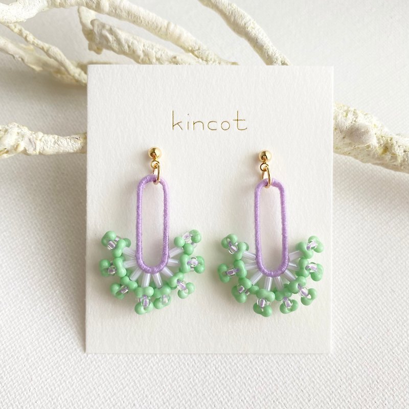 Coral earrings Clip-On[Purple x Green] - ต่างหู - ผ้าฝ้าย/ผ้าลินิน สีเขียว
