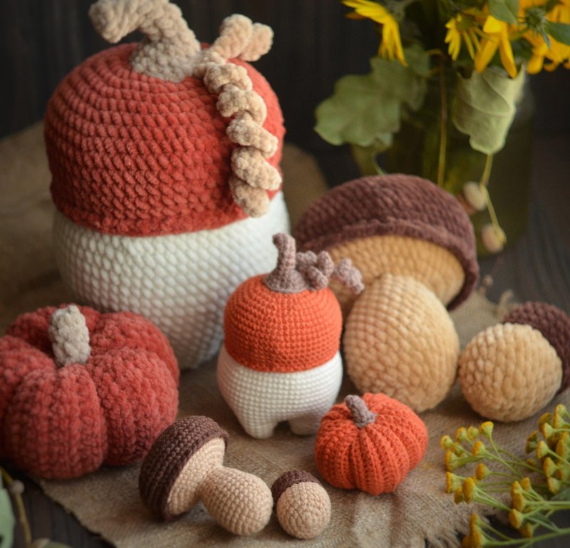 Autumn set Decorative pumpkins and mushrooms, Easy Crochet Pattern - 線上教學/教學影片 - 其他材質 