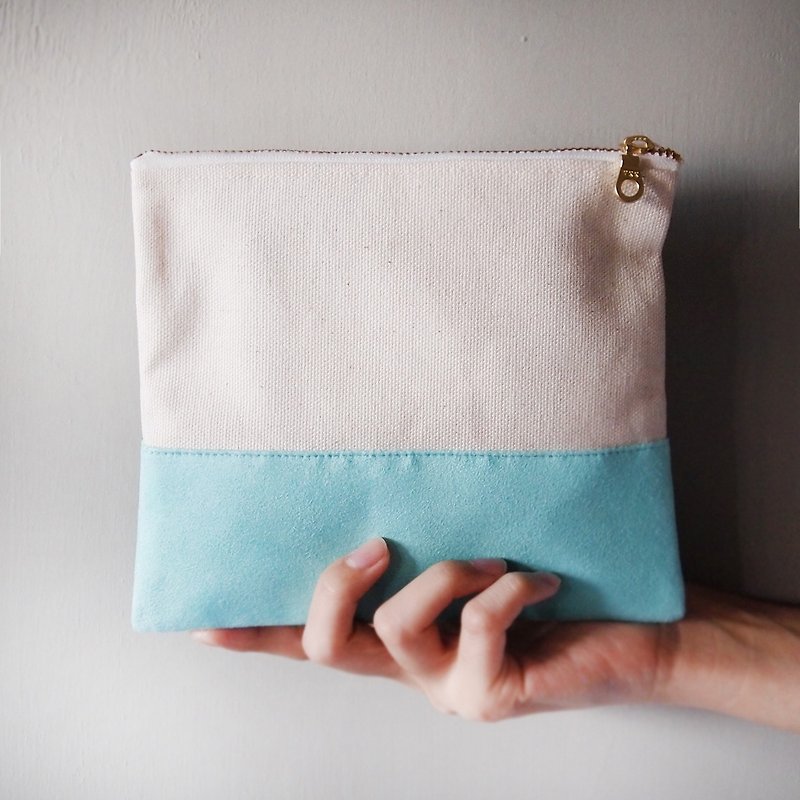 麂皮拼接收納小包 藍綠色 - 化妝袋/收納袋 - 棉．麻 藍色