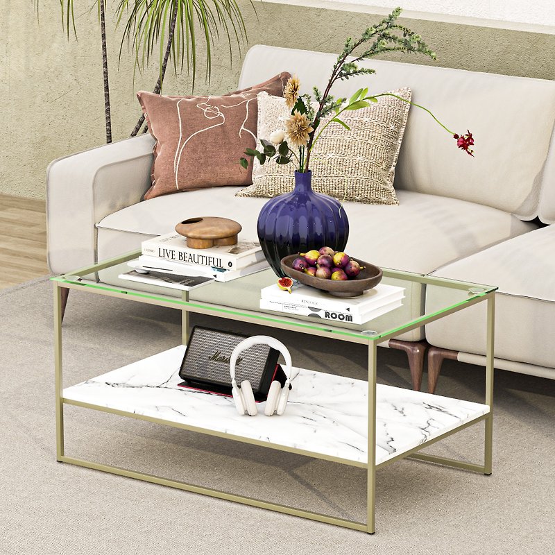 Golden Fruit Double Marble Glass Coffee Table - โต๊ะอาหาร - ไม้ 