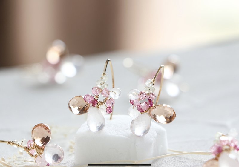 14kgf- spring flower quartz marquis pierced earrings 不能改耳夾 - 耳環/耳夾 - 貴金屬 粉紅色