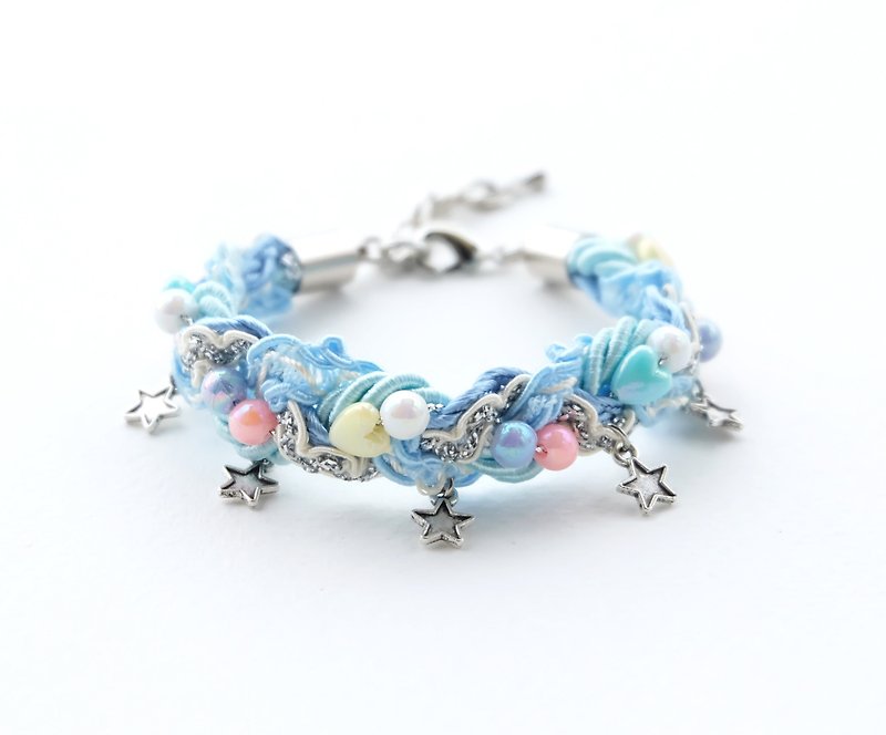 Pastel blue braided bracelet with star charms - 手鍊/手鐲 - 其他材質 藍色