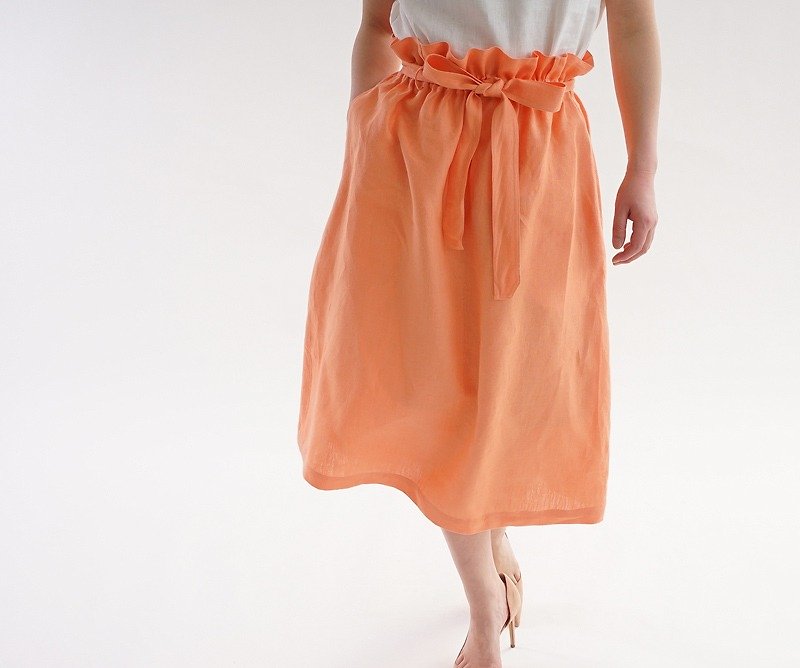 Belgian linen double loop rubber skirt / Capucine s010a-cpn2 - Skirts - Cotton & Hemp Orange