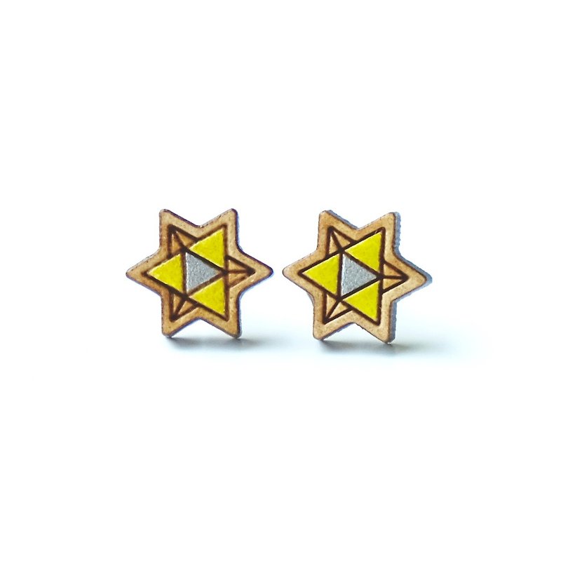 Painted wood earrings-Star (yellow) - ต่างหู - ไม้ สีเหลือง
