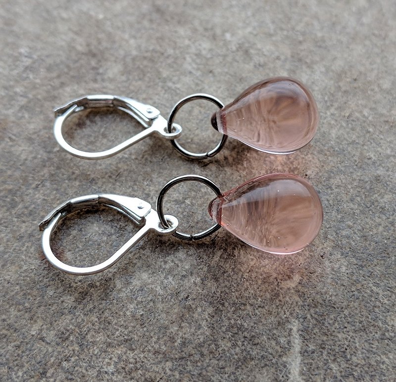 蜜桃色玻璃純銀耳環 - 耳環/耳夾 - 玻璃 粉紅色