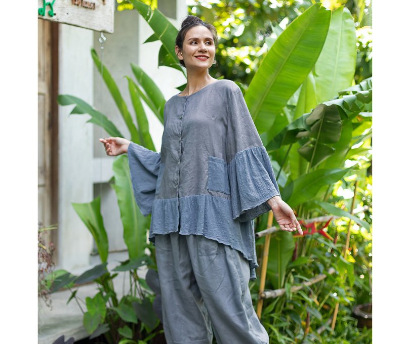 2-toned grey linen blouse, oversized linen tunic, free size linen top - 女上衣/長袖上衣 - 亞麻 灰色