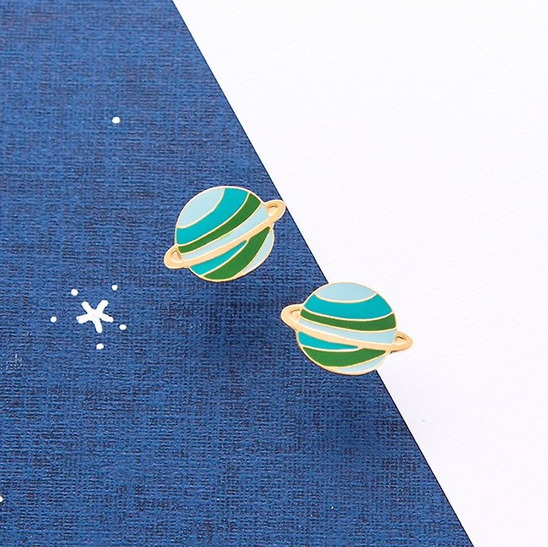 Green planet earrings Clip-On birthday gift - ต่างหู - วัตถุเคลือบ สีน้ำเงิน