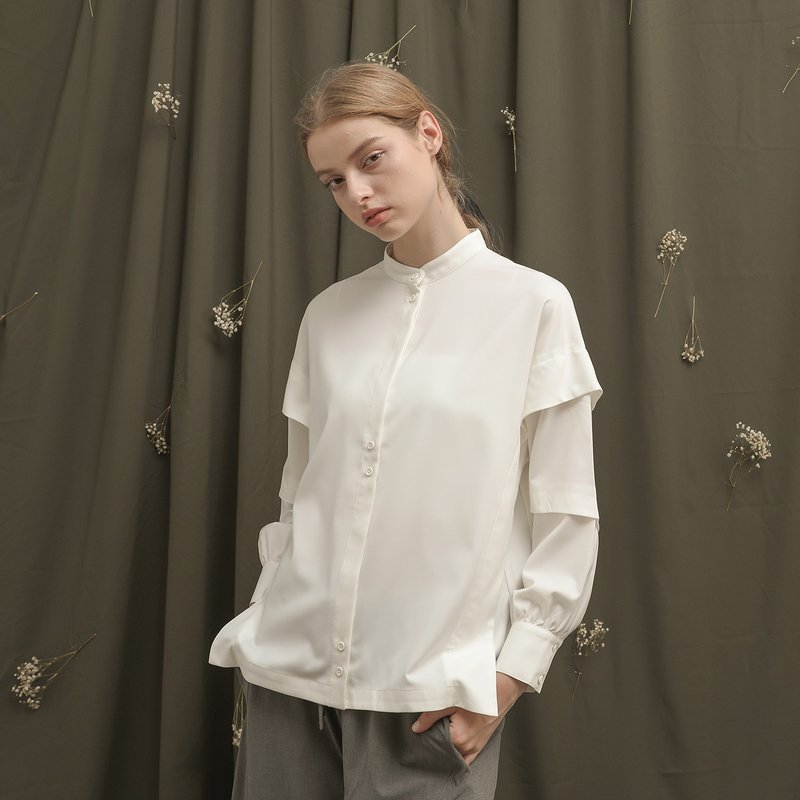 Callalily_Alocasia stand-up collar shirt_23AF004_white - เสื้อผู้หญิง - เส้นใยสังเคราะห์ ขาว