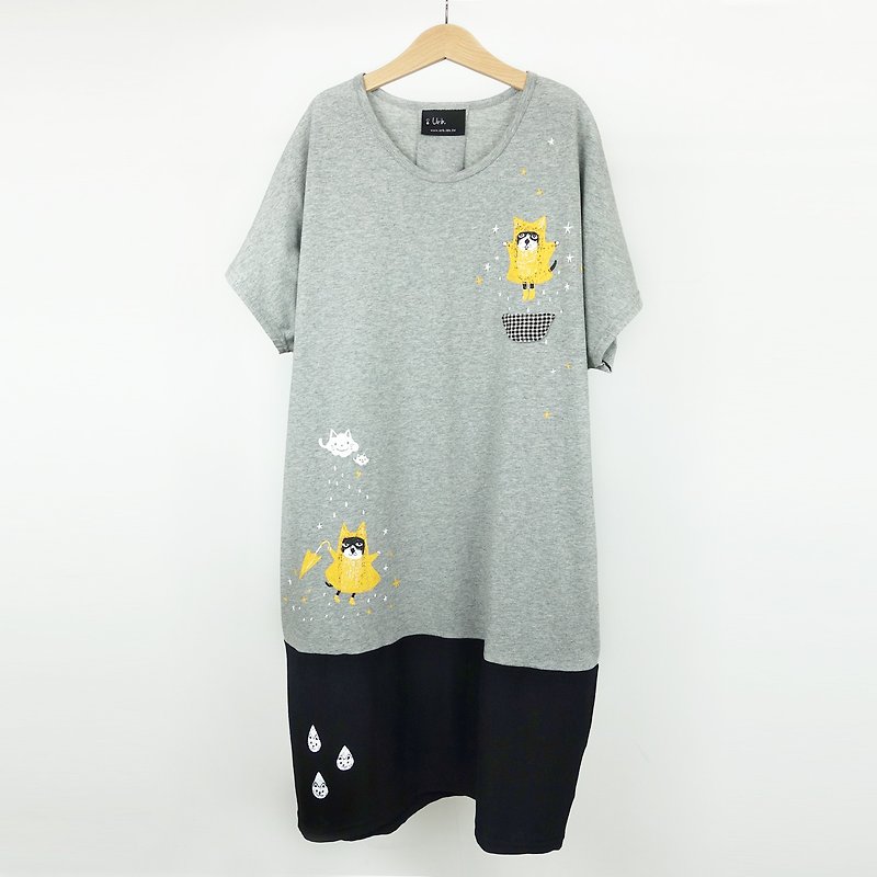 Urb. Star Cat/ Pocket Dress/ Grey - One Piece Dresses - Cotton & Hemp Gray