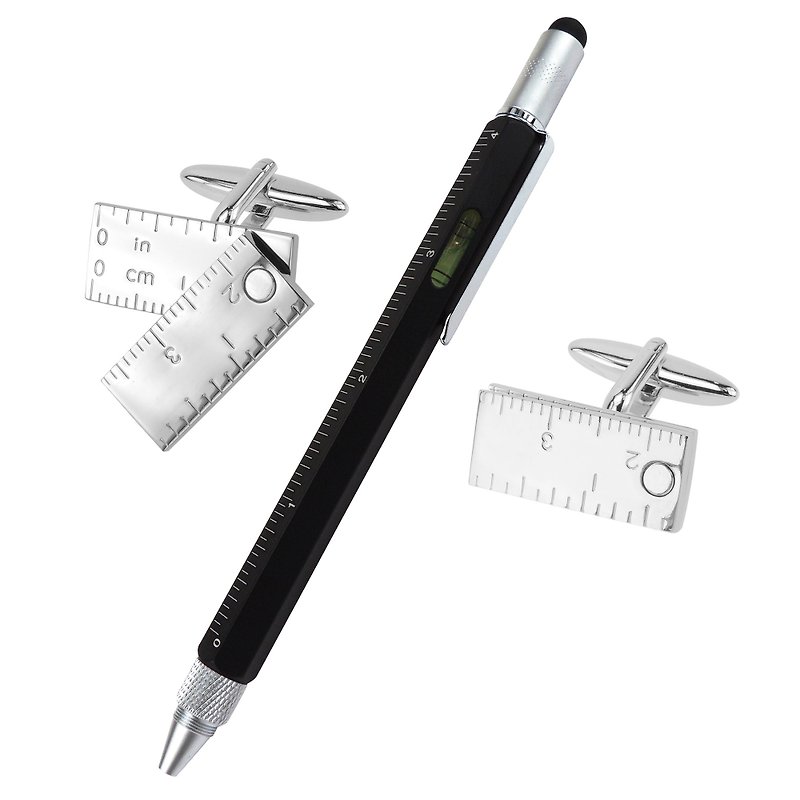 Moveable Ruler Cufflinks and Pen Set - กระดุมข้อมือ - โลหะ สีเงิน